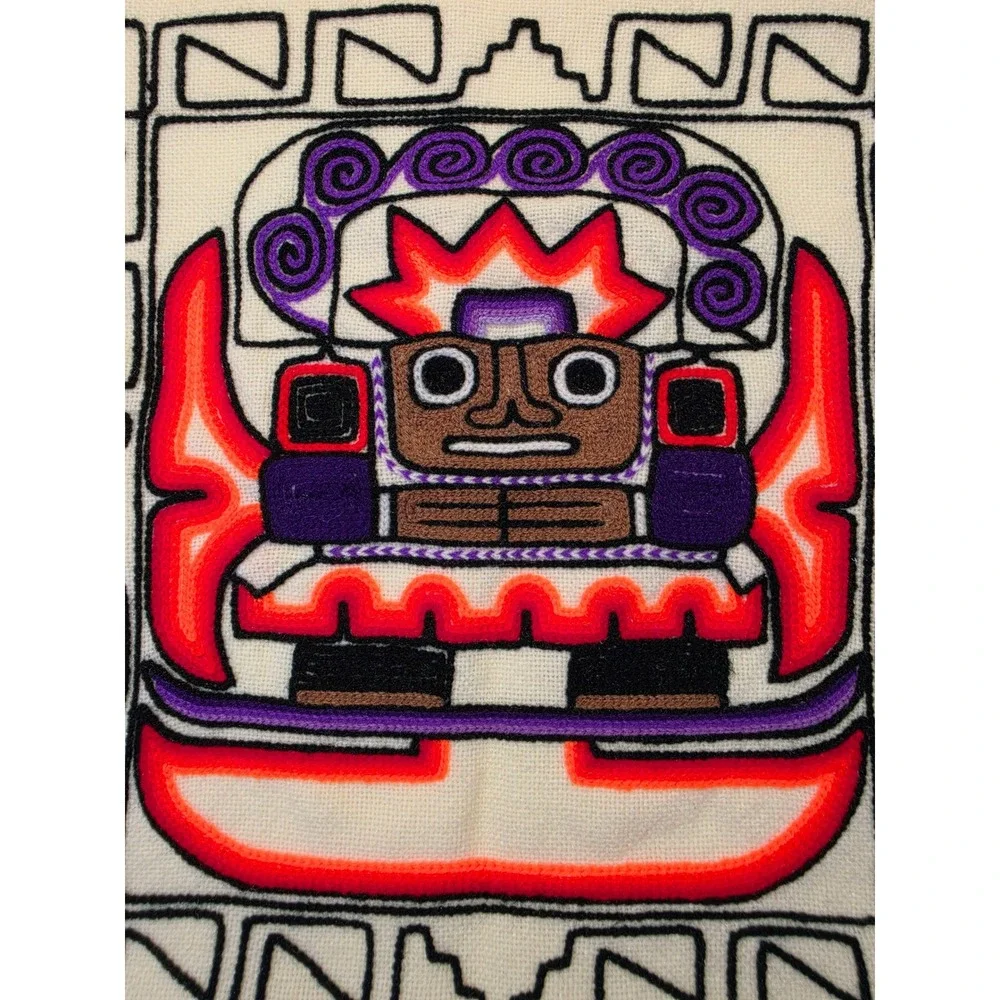 Vintage Peruvian Hand Embroidered Pillow Cover Folk Art Deity Tapestry 16.5x16.5
